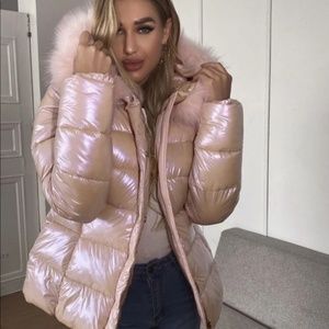 Metallic pink Quilted puffer jacket faux fur coat